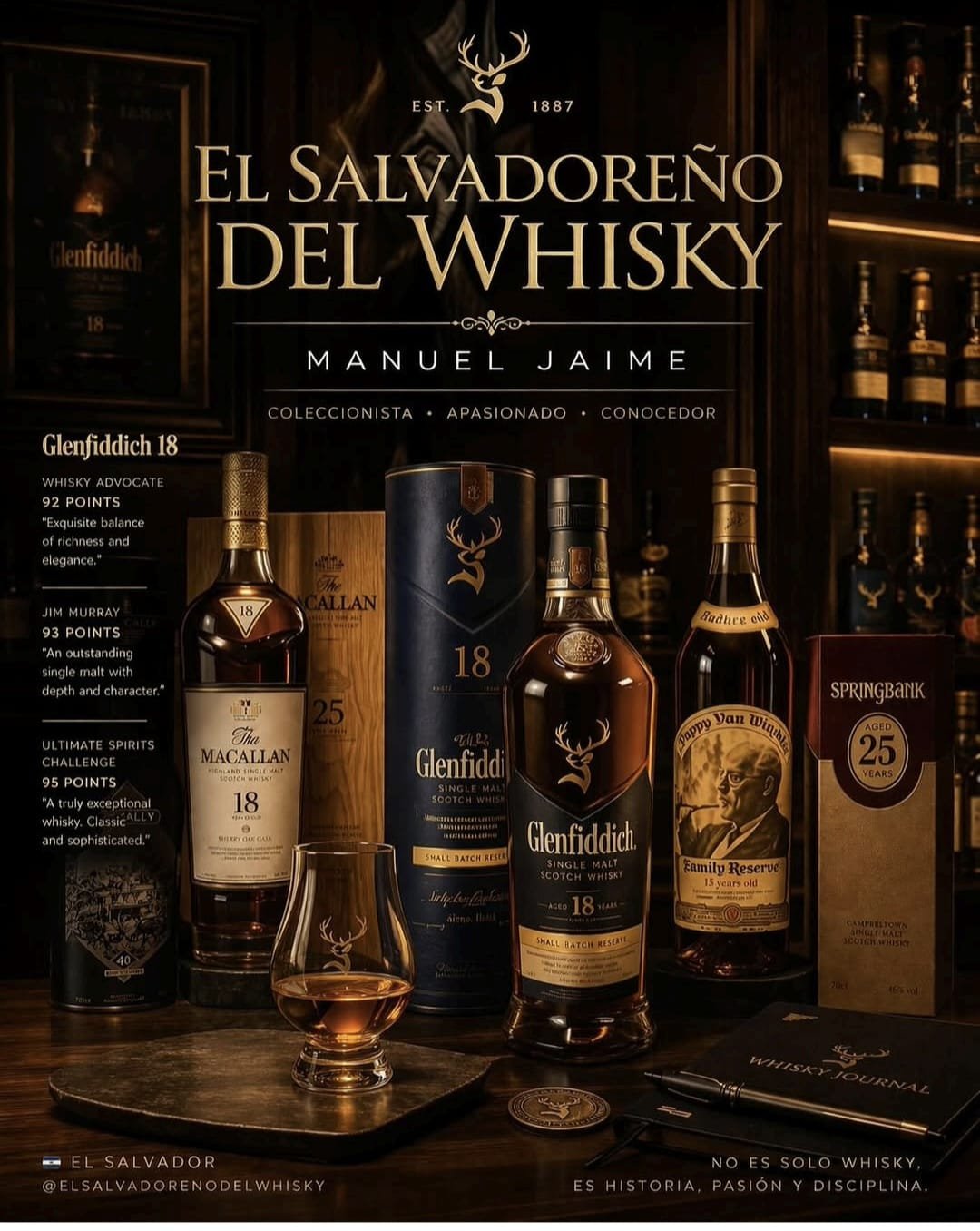 Afiche de la colección con Macallan 18, Glenfiddich 18, Pappy Van Winkle, Springbank 25 — No es solo whisky. Es historia, pasión y disciplina.