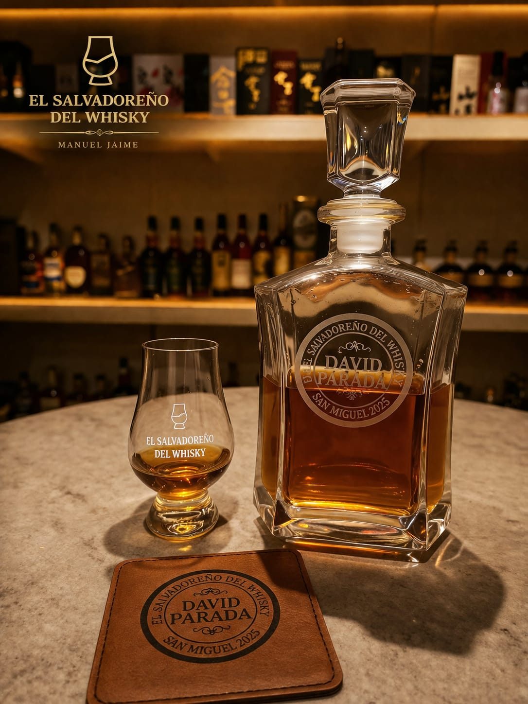 Decantador personalizado El Salvadoreño del Whisky · David Parada · San Miguel 2025